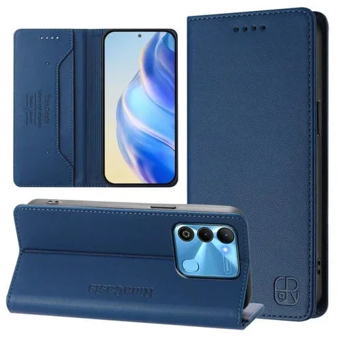Funda de Cuero Rfid para Tecno Spark Go 2022 / 8C / 9 Rc01 con Doble Pliegue y Succión Magnética (Azul Oscuro)