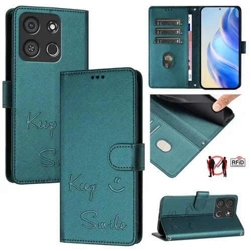 Funda de Cuero Rfid para Teléfono Itel A05S con Relieve Sonriente (Verde Pavo Real)