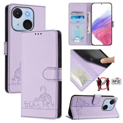 Funda de Cuero Rfid para Teléfono Itel A50C con Estampado de Rata y Gato y Cordón (Morado)