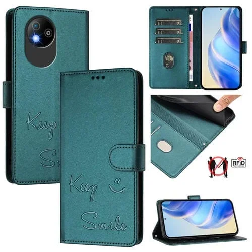 Funda de Cuero Rfid para ZTE Blade A35 Lite con Relieve Sonriente (Verde Pavo Real)