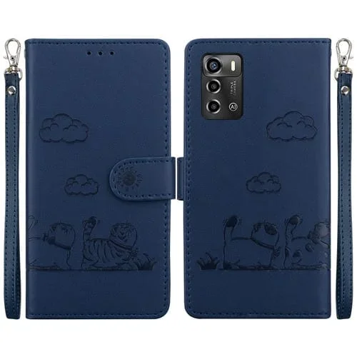 Funda de Cuero Rfid para ZTE Blade A72 y V40 Vita con Diseño de Gatos (Azul)
