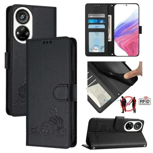Funda de Cuero Rfid para ZTE Blade V40S con Estampado de Rata y Gato en Relieve y Cordón (Negro)