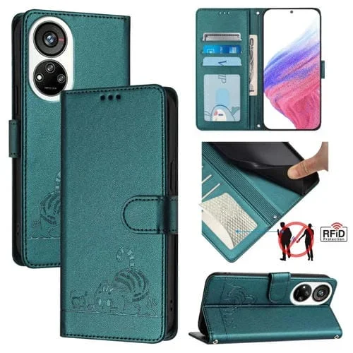 Funda de Cuero Rfid para ZTE Blade V40S con Estampado de Rata y Gato en Relieve y Cordón (Verde Pavo Real)