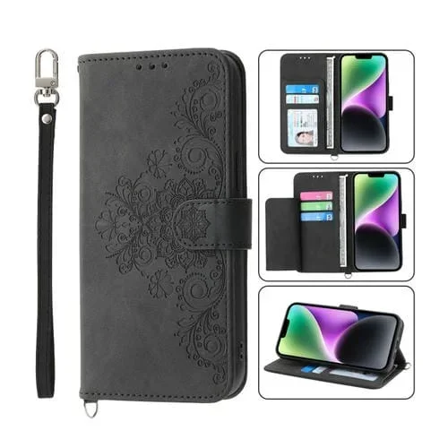 Funda de Cuero Skin-Feel Flowers para iPhone 14 con Billetera en Relieve (Negro)