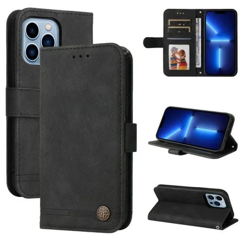 Funda de Cuero Skin Feel Life Tree para iPhone 13 Pro con Botón de Metal, Tapa Horizontal, Soporte, Ranura para Tarjeta, Billetera, Marco de Fotos y Correa (Negro)