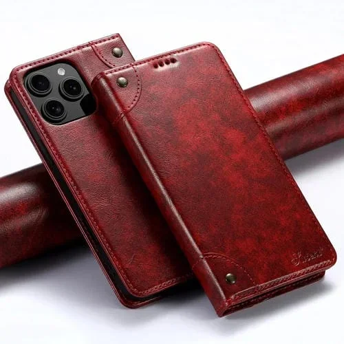 Funda de Cuero Suteni con Hebilla y Textura de Becerro para iPhone 16 Pro Max (Rojo)
