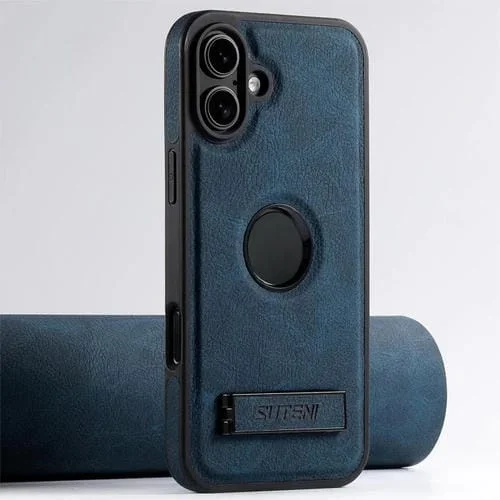 Funda de Cuero Suteni G2 con Textura de Lichi Magsafe para iPhone 16 Plus con Soporte (Azul)