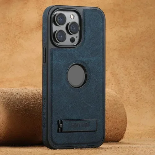 Funda de Cuero Suteni G2 con Textura de Lichi Magsafe para iPhone 16 Pro con Soporte (Azul)