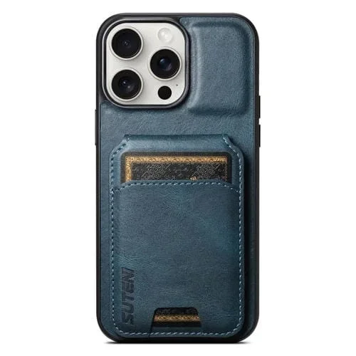 Funda de Cuero Suteni H02 para iPhone 15 Pro con Soporte y Billetera (Azul)