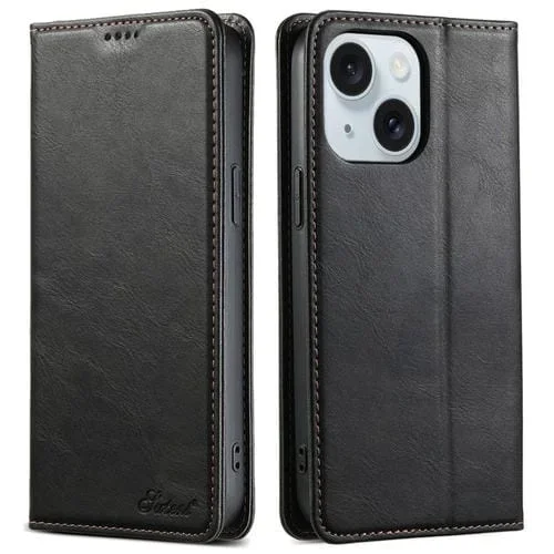 Funda de Cuero Suteni J02 para iPhone 15 con Billetera de Cera de Aceite (Negro)