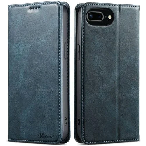 Funda de Cuero Suteni J02 para iPhone 7 Plus/8 Plus con Billetera de Cera de Aceite (Azul)