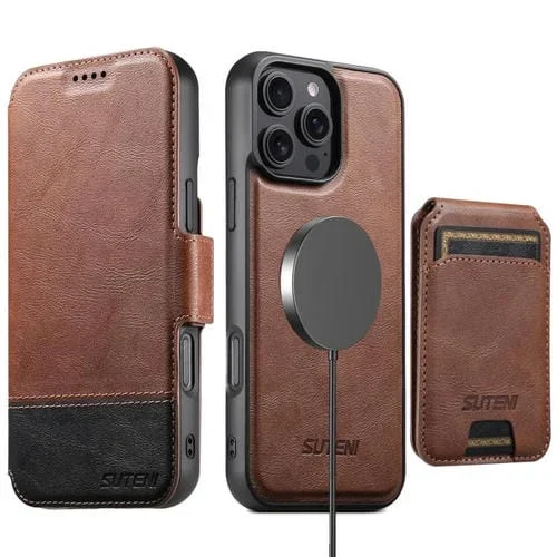 Funda de cuero Suteni Q06S2 3 en 1 con tapa vertical desmontable y cierre MagSafe para iPhone 16 Pro Max (marrón)