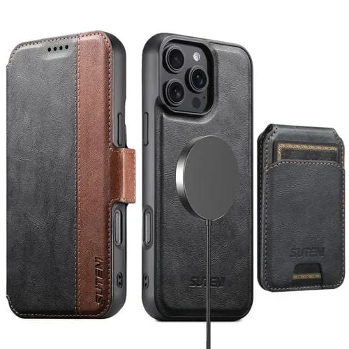 Funda de cuero Suteni Q07S2 3 en 1 con tapa vertical desmontable y cierre MagSafe para iPhone 16 Pro (negra)