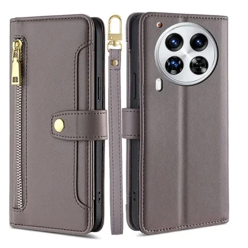 Funda de Cuero Tecno Camon 30 Premier 5G con Cremallera y Diseño Cruzado (Gris)