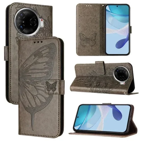 Funda de Cuero Tecno Camon 30 Pro con Mariposa en Relieve (Gris)