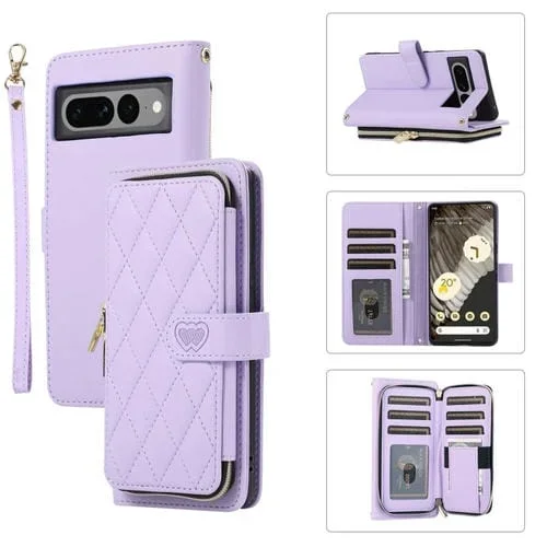 Funda de Cuero Tipo Billetera con Cremallera Completa Diseño Rombal para Google Pixel 7 Pro (Morado)