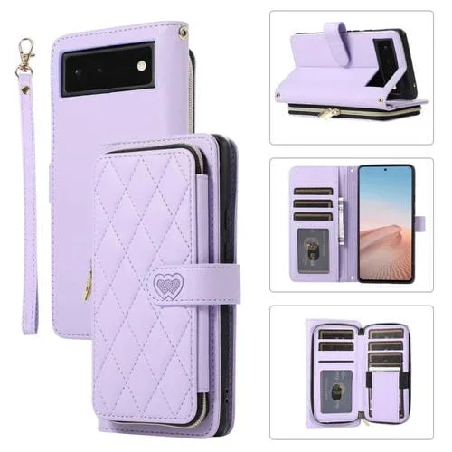 Funda de Cuero Tipo Billetera con Cremallera Completa y Diseño Romboidal para Google Pixel 6 (Morado)
