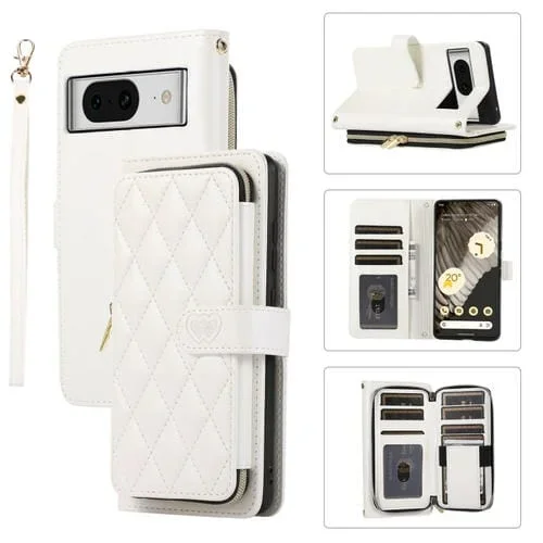 Funda de Cuero Tipo Billetera con Cremallera Completa y Diseño Romboidal para Google Pixel 8 (Blanca)