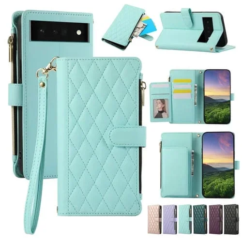 Funda de Cuero Tipo Billetera con Cremallera Rombal para Google Pixel 6 Pro (Cian)