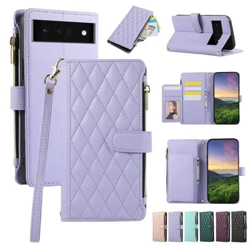 Funda de Cuero Tipo Billetera con Cremallera Rombal para Google Pixel 6 Pro (Morado)