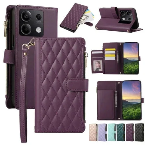 Funda de Cuero Tipo Billetera con Cremallera Rombal para Redmi Note 13 5G (Morado Oscuro)