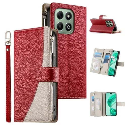 Funda de cuero tipo billetera con cremallera y múltiples tarjetas para Honor X6a/Honor X6b 4G, con costuras y correa corta (roja)