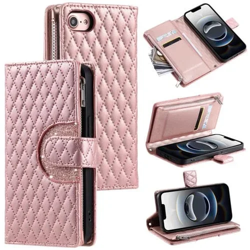 Funda de Cuero Tipo Billetera para iPhone 16E con Cremallera y Diseño Celosía (Oro Rosa)