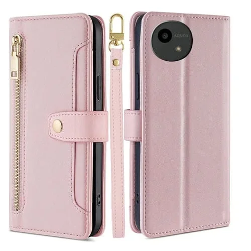 Funda de Cuero Tipo Billetera para Sharp Aquos Wish4 con Cremallera y Diseño Cruzado (Rosa)