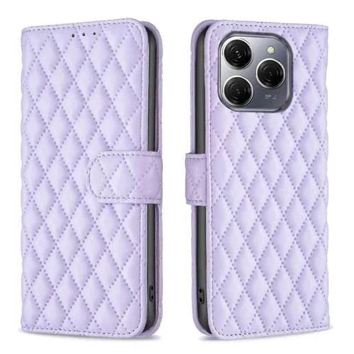 Funda de Cuero Tipo Billetera para Tecno Spark 20 Pro 5G con Tapa y Diseño de Celosía (Morado)