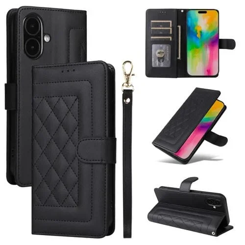 Funda de Cuero Tipo Cartera para iPhone 16 Diseño Entramado de Diamantes (Negra)