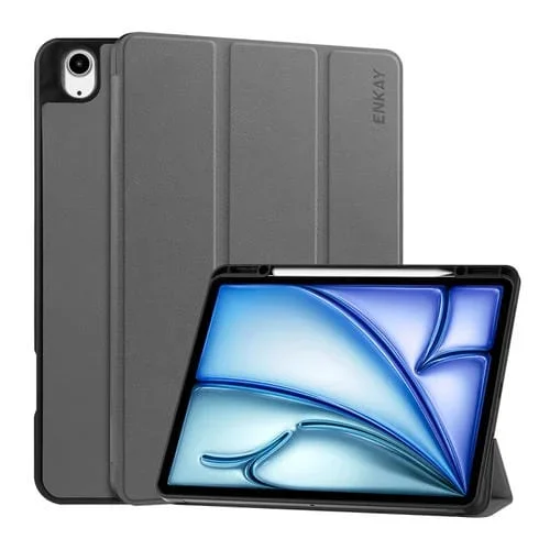 Funda de Cuero TPU Enkay para iPad Air 13 (2024) con Textura de Tres Pliegues y Ranura para Bolígrafo (Gris)