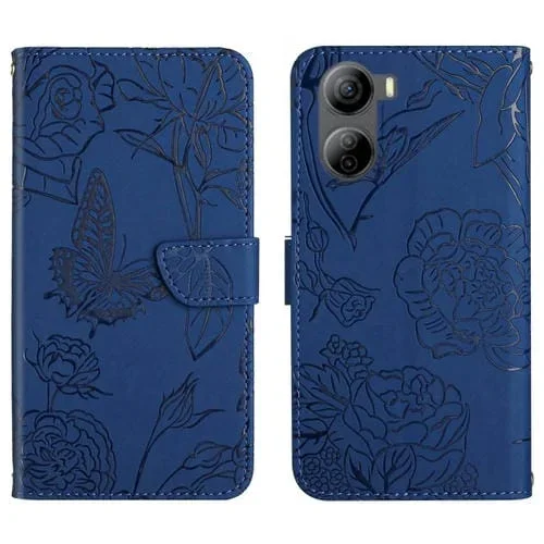Funda de Cuero ZTE Libero 5G Iv Skin Feel Butterfly Peony En Relieve (Azul)