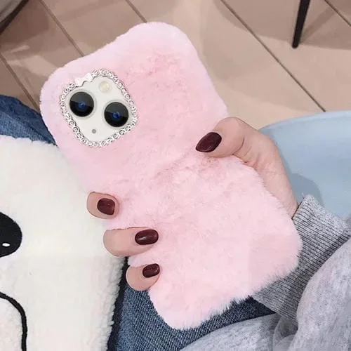 Funda de Felpa para iPhone 14 con Anillo de Lente de Diamante (Rosa)