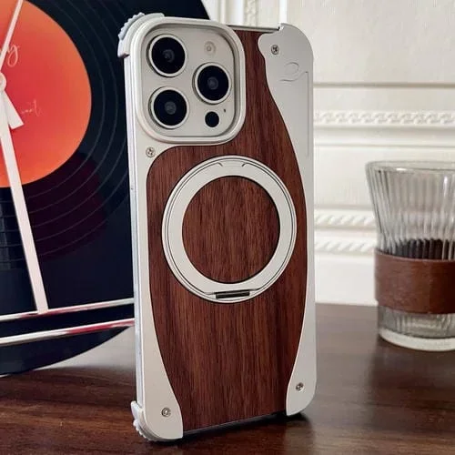 Funda de metal sin marco para iPhone 15 Pro Max, color nogal, con rotación de 360 grados y soporte MagSafe (plateada)