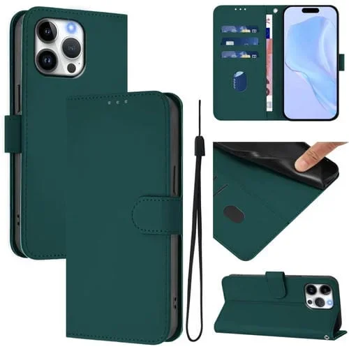 Funda de Piel con Cordón para iPhone 16 Pro Max con Tacto de Piel (Verde Oscuro)