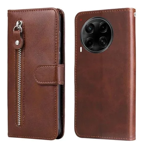 Funda de Piel con Cremallera y Textura de Becerro para Tecno Camon 30S y 30S Pro (Marrón)