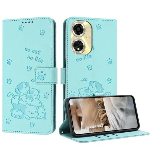 Funda de Piel con Diseño de Gatito En Relieve para Oppo A59 5G con Cordón (Verde Menta)