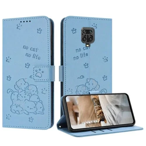 Funda de Piel con Diseño de Gatito En Relieve para Redmi Note 10 Lite con Cordón (Azul)