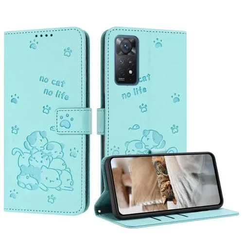 Funda de Piel con Diseño de Gatito En Relieve para Redmi Note 12 Pro 4G con Cordón (Verde Menta)