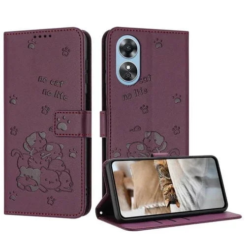 Funda de Piel con Diseño de Gatito En Relieve y Cordón para Oppo A78 5G Global / A58X 5G (Rojo Vino)