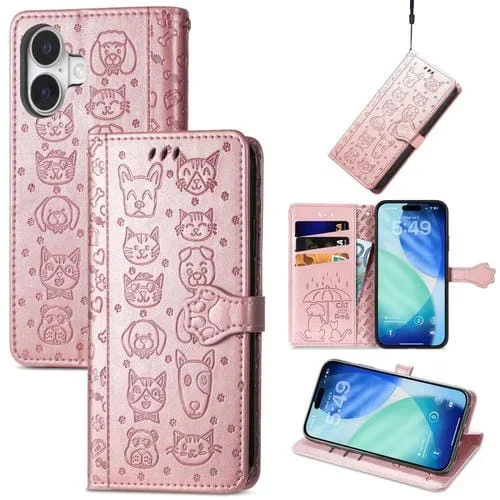 Funda de piel con estampado de gato y perro para iPhone 17 (oro rosa)