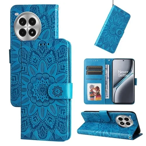 Funda de Piel con Estampado de Girasoles en Relieve para OnePlus Ace 3 Pro (Azul)