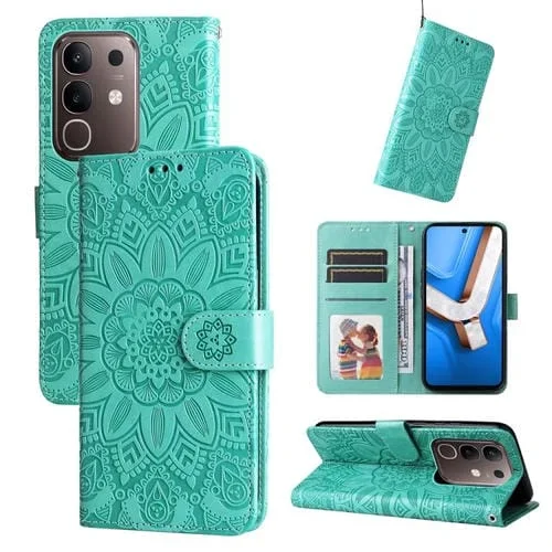 Funda de Piel con Estampado de Girasoles En Relieve para Vivo Y29 4G (Verde)