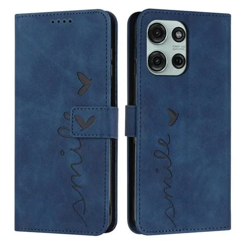 Funda de Piel con Relieve de Corazón para Motorola Moto G75 con Cordón Largo (Azul)
