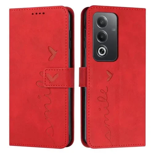 Funda de Piel con Relieve de Corazón y Cordón Largo para Oppo A3 Pro Global Skin Feel (Rojo)