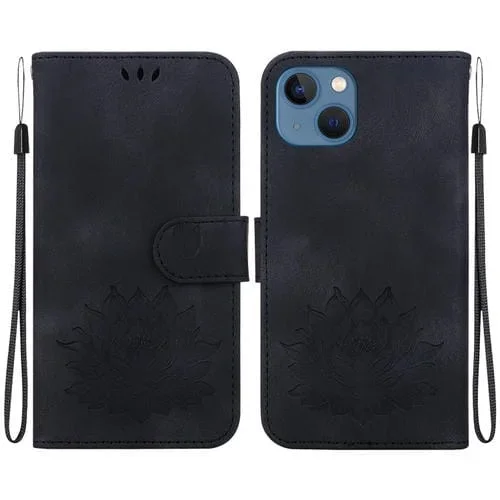 Funda de Piel con Relieve de Loto para iPhone 14 Plus (Negra)