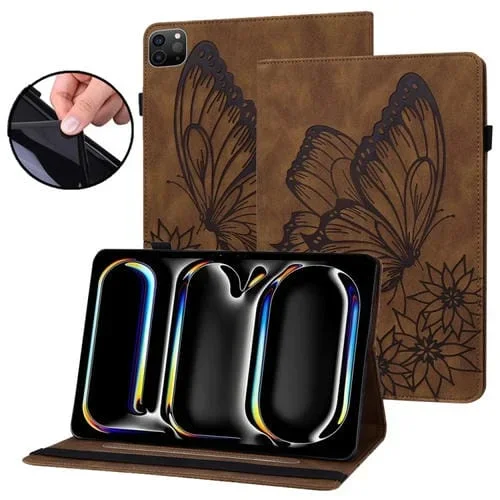 Funda de Piel con Relieve de Mariposa Grande para iPad Pro 11 (2024) (Marrón)