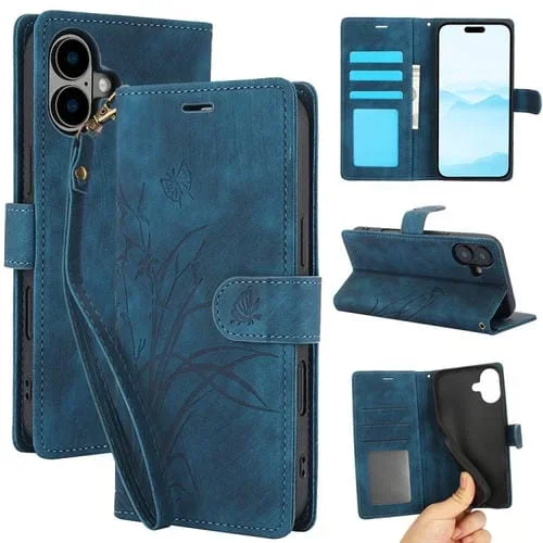 Funda de piel con relieve de mariposa y orquídea para iPhone 17 (azul)