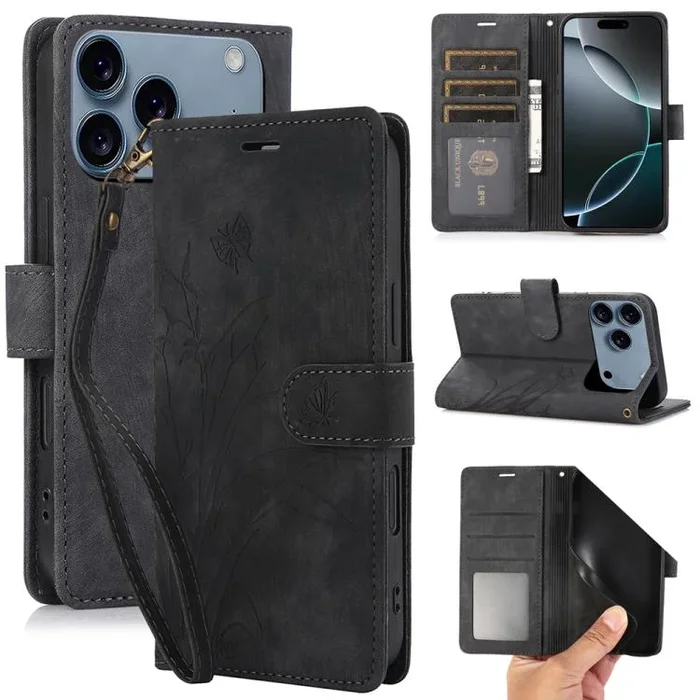 Funda de piel con relieve de mariposa y orquídea para iPhone 17 Pro (negra)