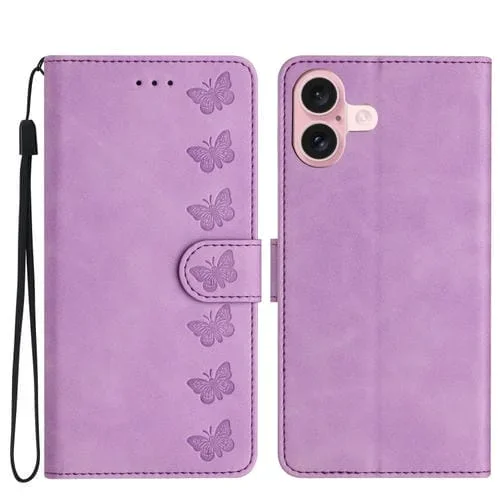 Funda de Piel con Relieve de Siete Mariposas para iPhone 16 (Morado)